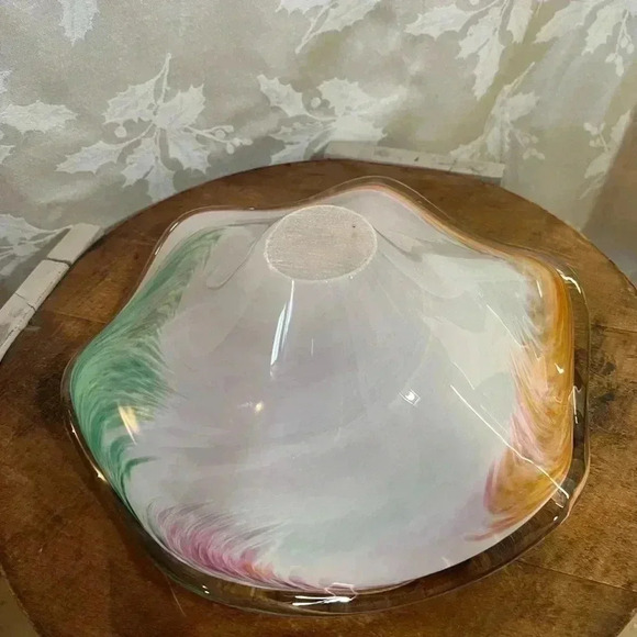 Art Glass Centerpiece Bowl White Multicolor Pastel Tones - Picture 4 of 5